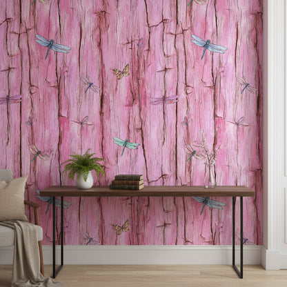 Rustic Pink Wood Texture with Dragonflies Wallpaper