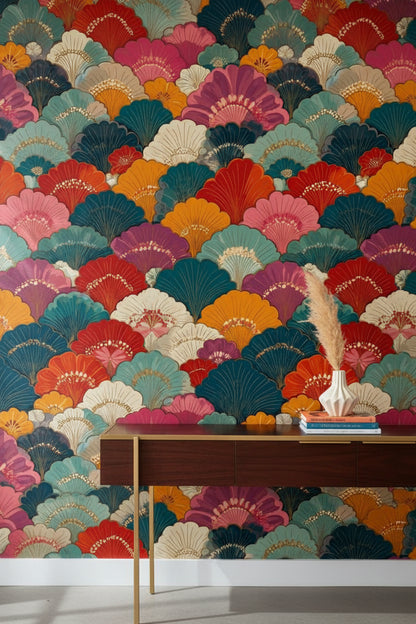 Multicolor Art Deco Fan Pattern Wallpaper
