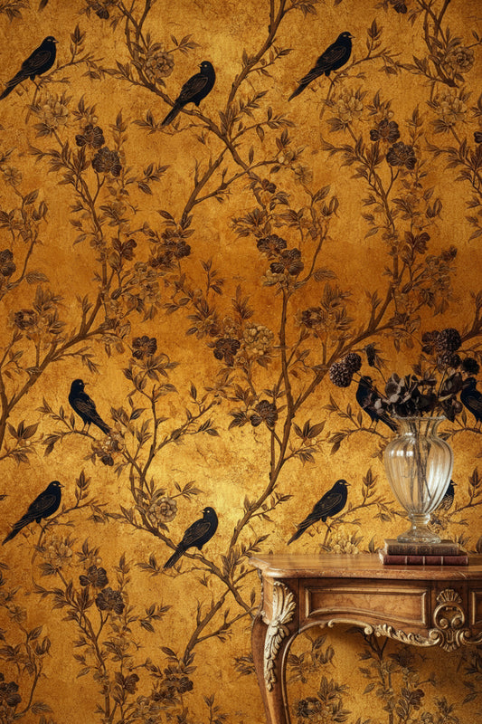 Golden Look Vintage Floral Bird Motif Wallpaper