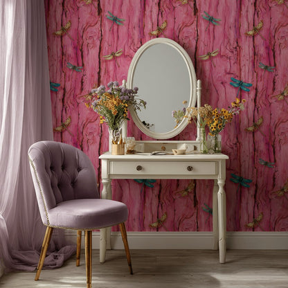Vivid Pink Dragonfly and Woodgrain Pattern Wallpaper
