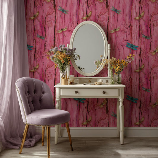 Vivid Pink Dragonfly and Woodgrain Pattern Wallpaper