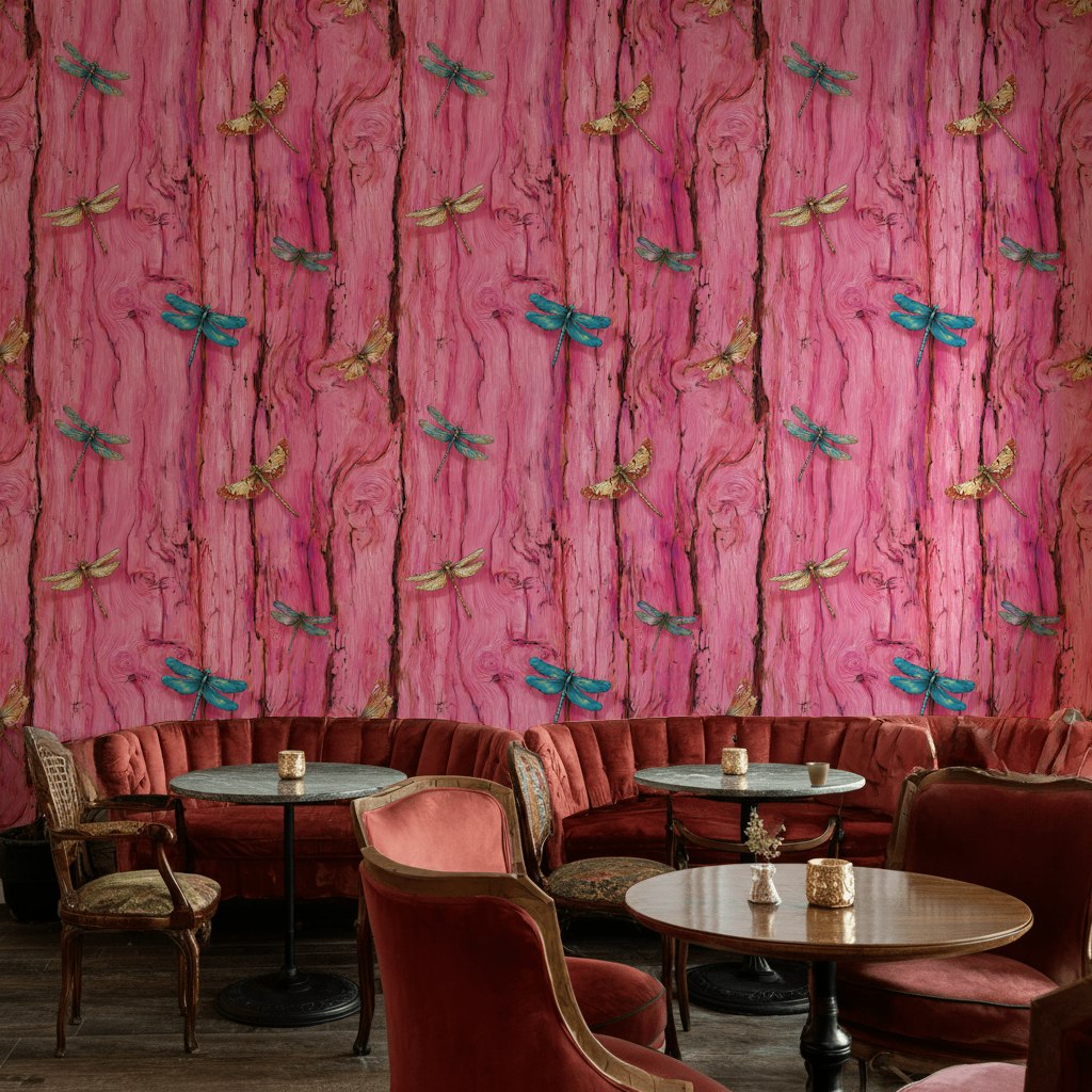 Vivid Pink Dragonfly and Woodgrain Pattern Wallpaper
