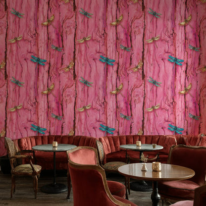 Vivid Pink Dragonfly and Woodgrain Pattern Wallpaper