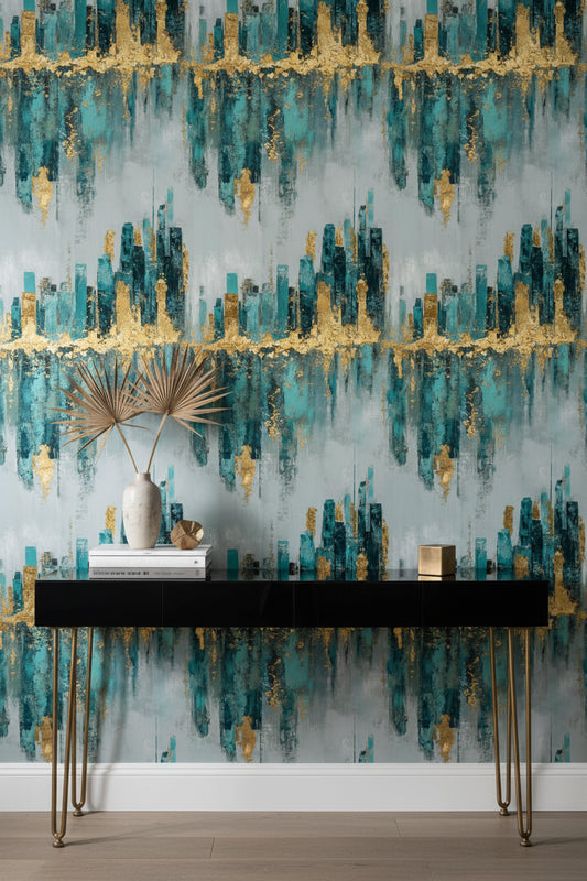 Gray and Teal Abstract Gold Accent Wallpaper