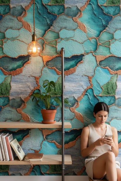 Teal and Green Abstract Textured Wallpaper