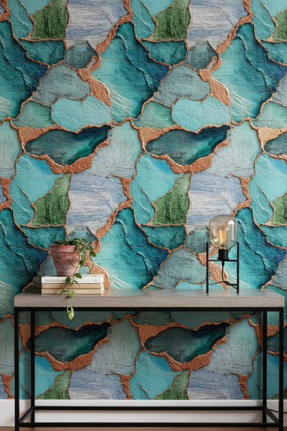 Teal and Green Abstract Textured Wallpaper