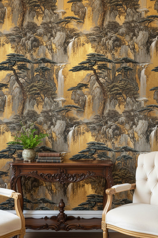 Golden Chinoiserie Waterfall Scenic Wallpaper