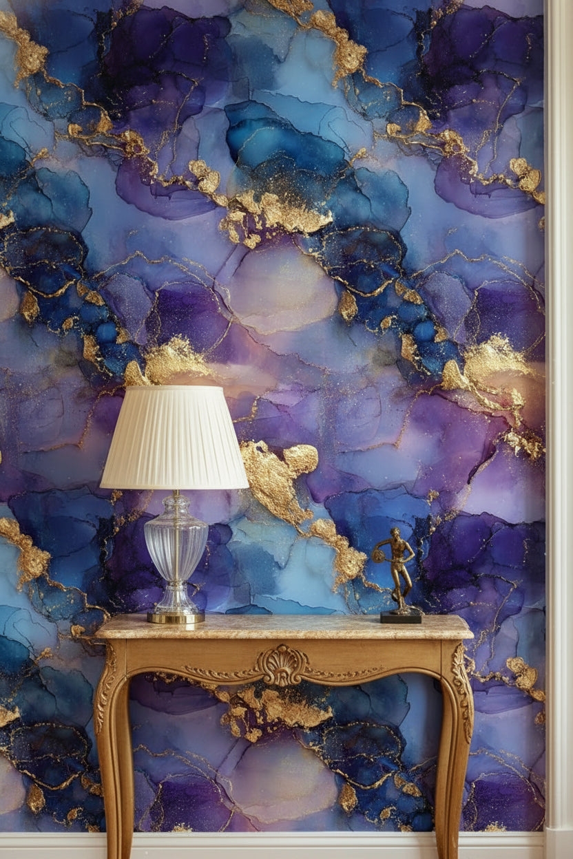 Midnight Blue and Golden Look Abstract Marble Wallpaper