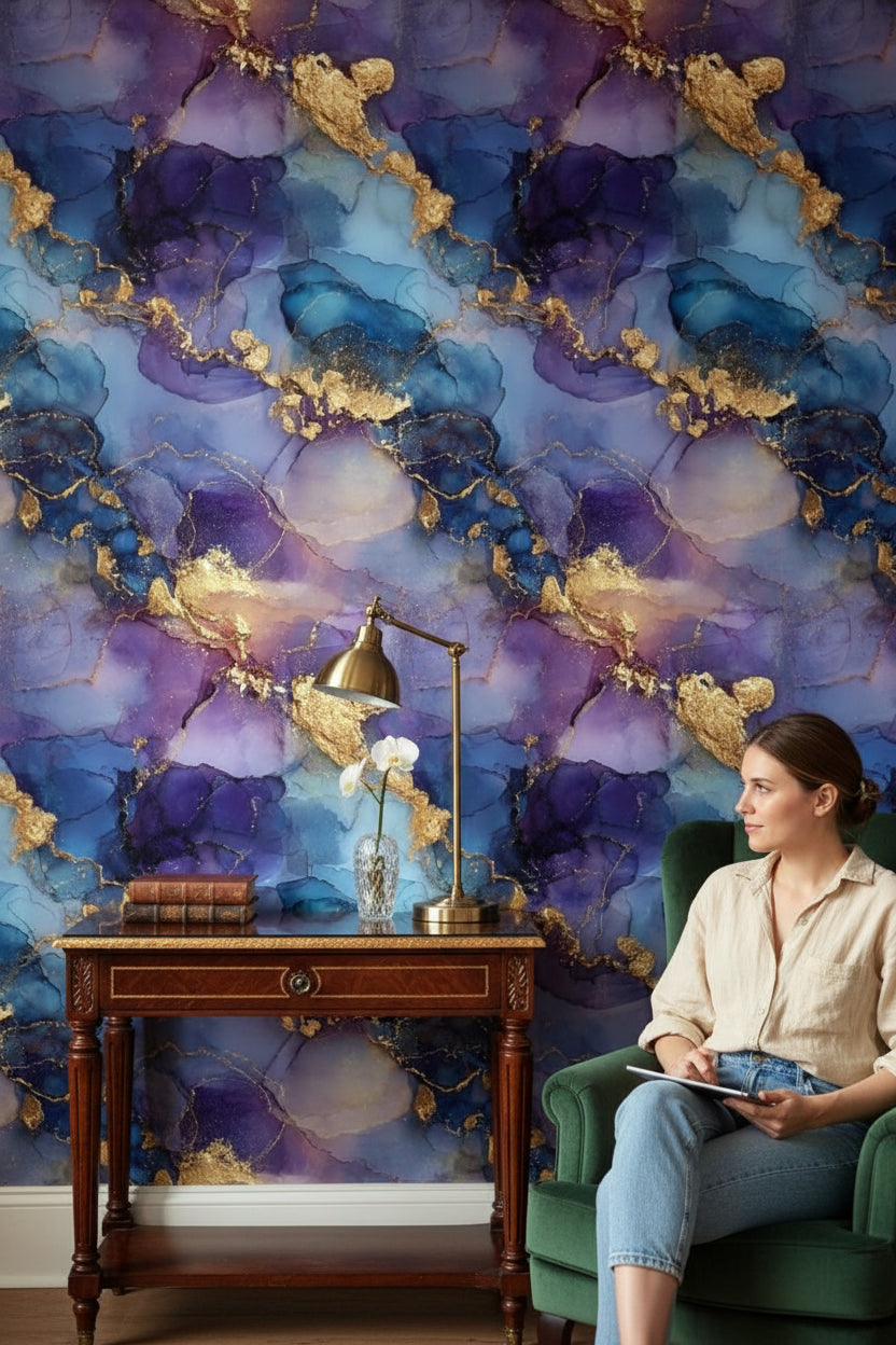 Midnight Blue and Golden Look Abstract Marble Wallpaper