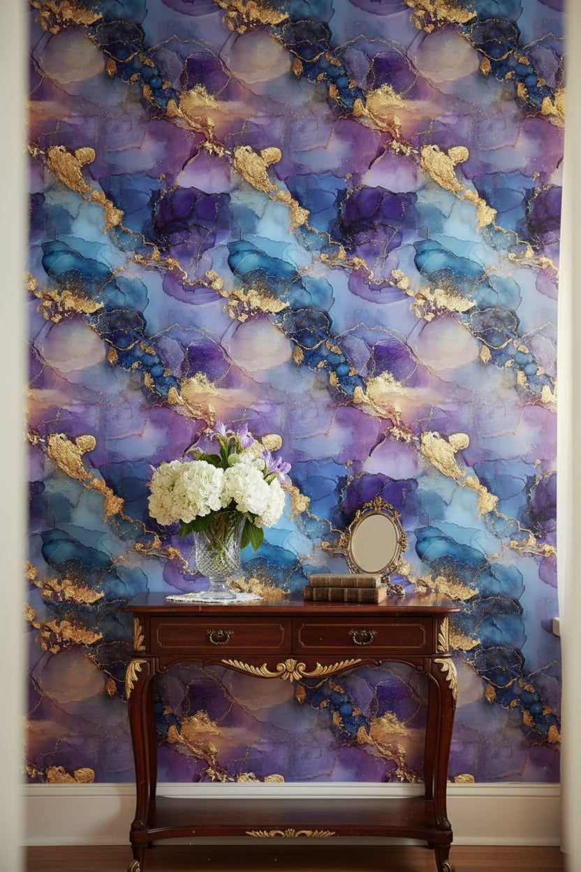 Midnight Blue and Golden Look Abstract Marble Wallpaper