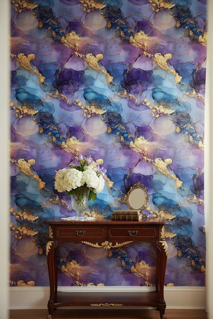 Midnight Blue and Golden Look Abstract Marble Wallpaper