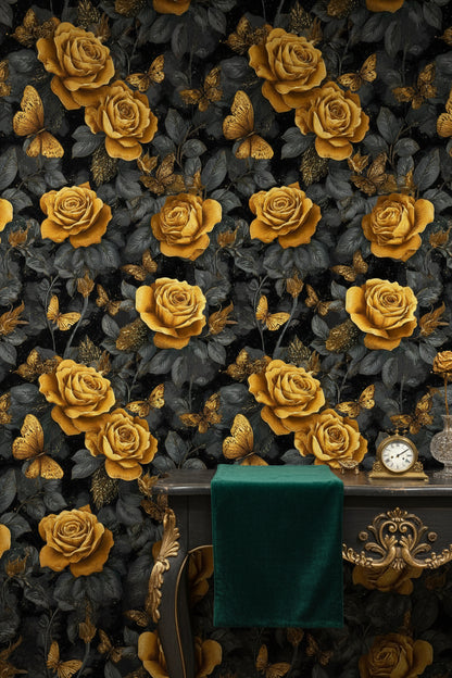 Dark Gold Look Rose and Butterfly Elegance Wallpaper