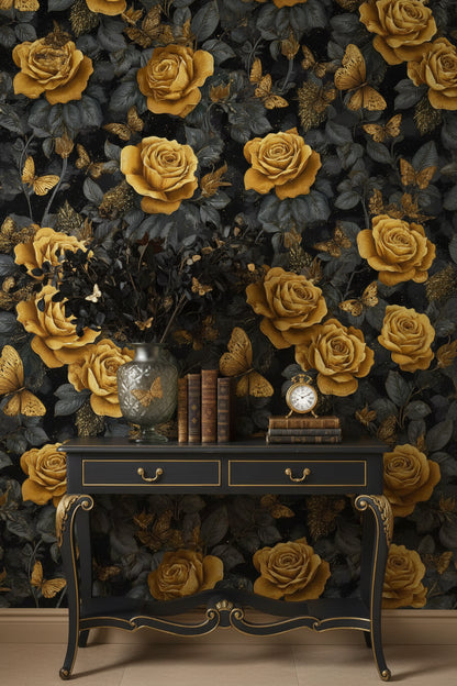 Dark Gold Look Rose and Butterfly Elegance Wallpaper