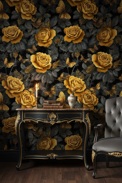 Dark Gold Look Rose and Butterfly Elegance Wallpaper