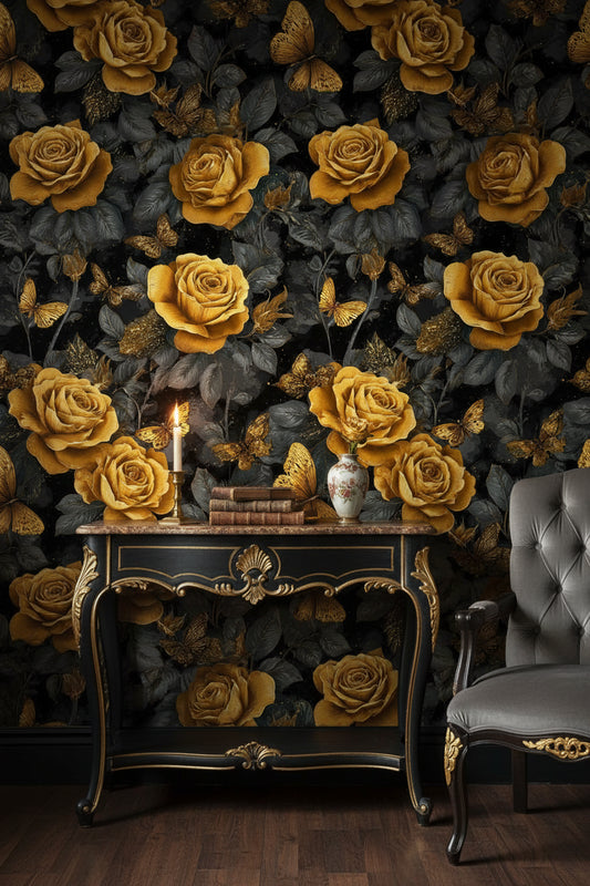 Dark Gold Look Rose and Butterfly Elegance Wallpaper