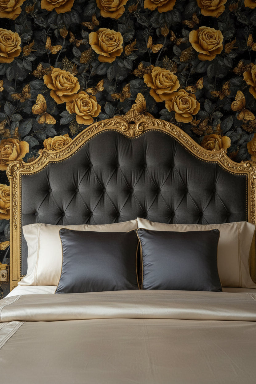 Dark Gold Look Rose and Butterfly Elegance Wallpaper