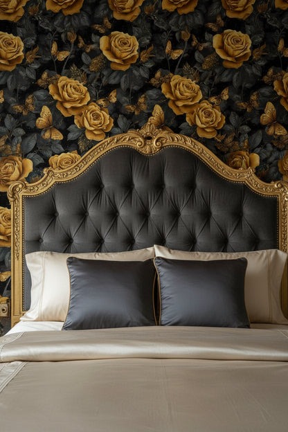 Dark Gold Look Rose and Butterfly Elegance Wallpaper