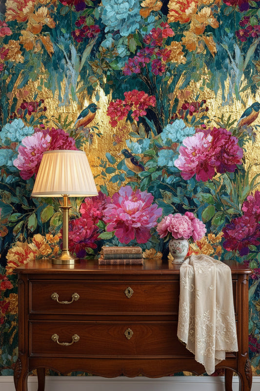 Opulent Gold Multicolor Floral with Birds Wallpaper
