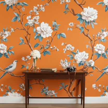 Vibrant Orange Cherry Blossom and Bird Wallpaper