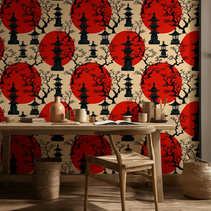Beige and Red Japanese Pagoda Wallpaper