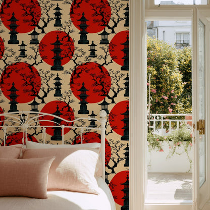 Beige and Red Japanese Pagoda Wallpaper