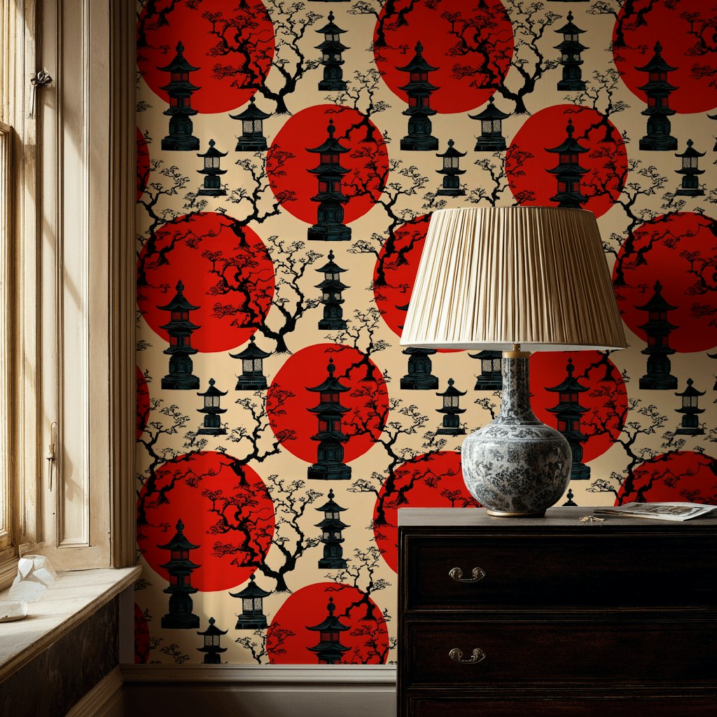 Beige and Red Japanese Pagoda Wallpaper