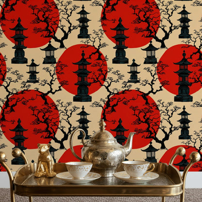 Beige and Red Japanese Pagoda Wallpaper