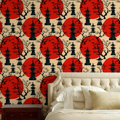 Beige and Red Japanese Pagoda Wallpaper