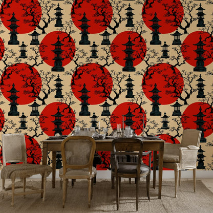 Beige and Red Japanese Pagoda Wallpaper