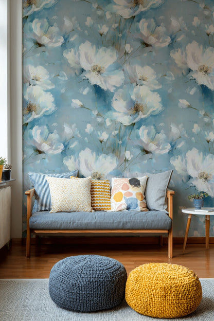 Sky Blue Large White Blossom Floral Wallpaper