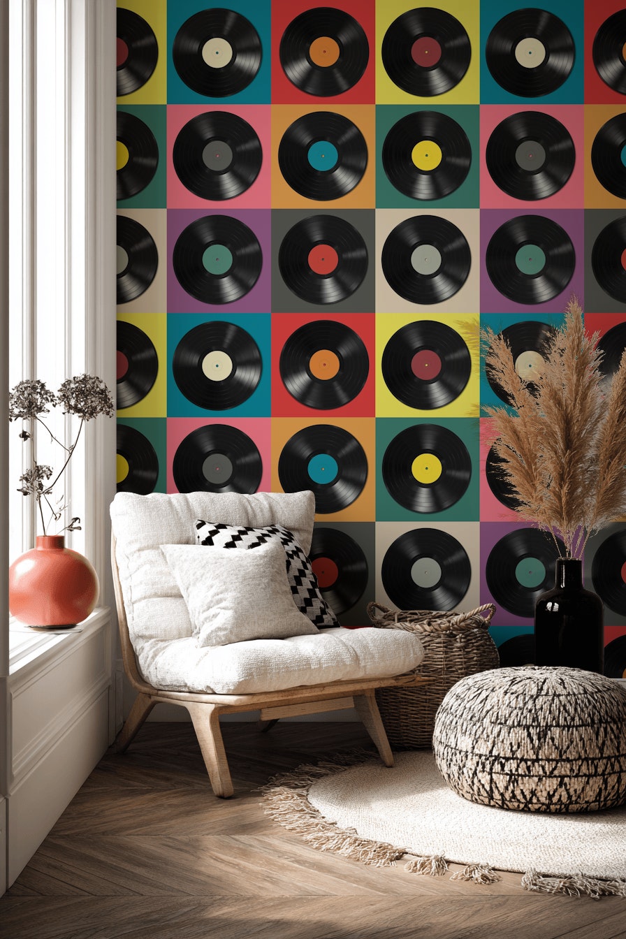 Vinyl Records Wallpaper Geometric Pop Art Wall Decor
