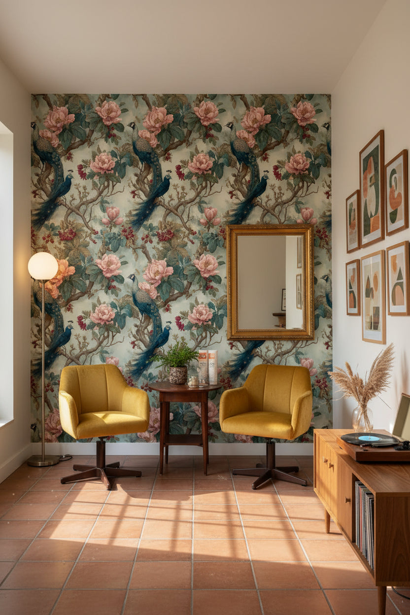 Vintage Green and Pink Peacock Floral Wallpaper