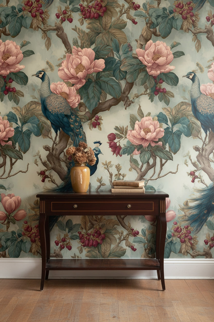 Vintage Green and Pink Peacock Floral Wallpaper