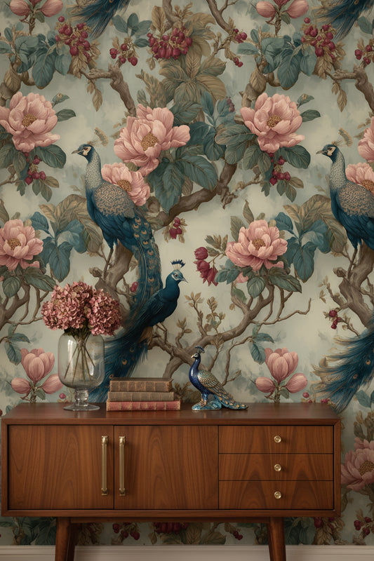 Vintage Green and Pink Peacock Floral Wallpaper