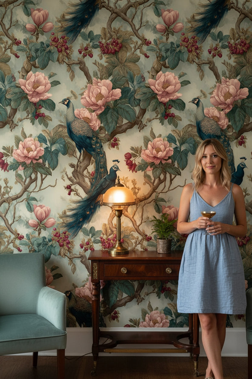 Vintage Green and Pink Peacock Floral Wallpaper