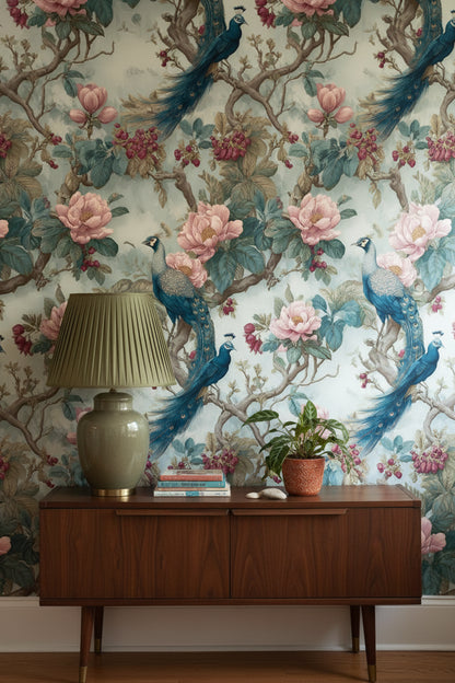 Vintage Green and Pink Peacock Floral Wallpaper