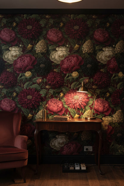 Burgundy Peonies and Birds Vintage Floral Wallpaper