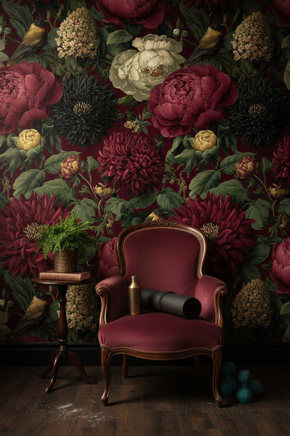 Burgundy Peonies and Birds Vintage Floral Wallpaper