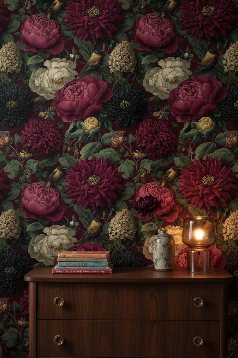 Burgundy Peonies and Birds Vintage Floral Wallpaper