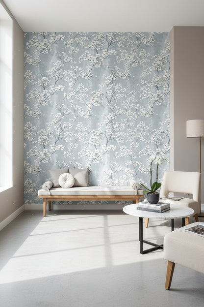 Soft Gray Cherry Blossom Floral Wallpaper