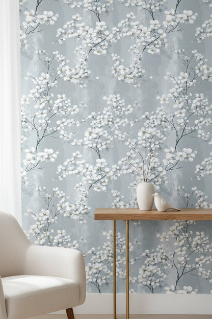 Soft Gray Cherry Blossom Floral Wallpaper
