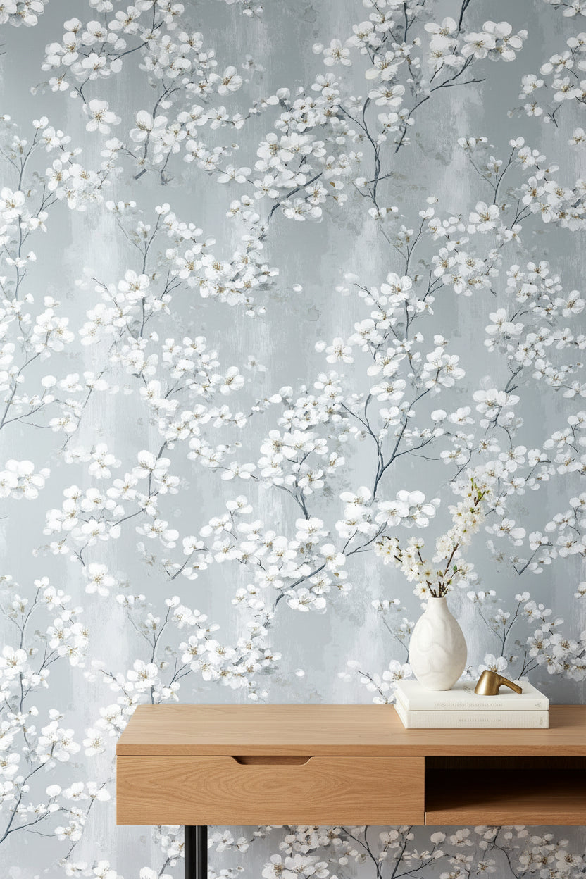 Soft Gray Cherry Blossom Floral Wallpaper