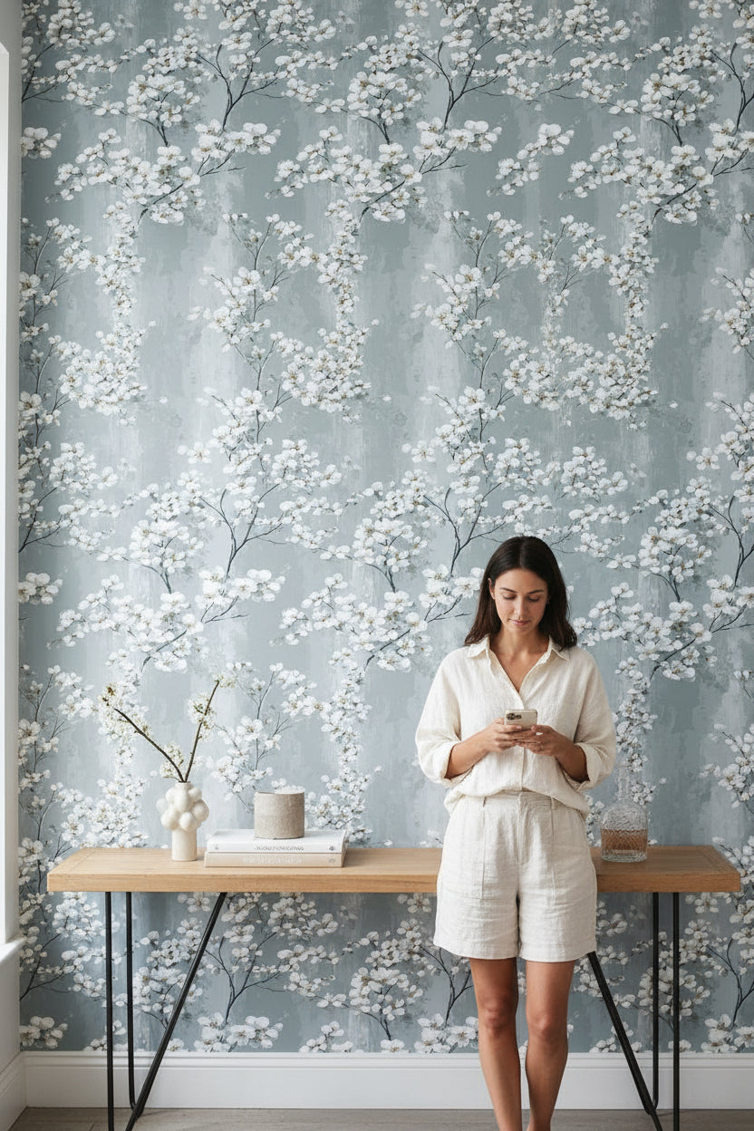 Soft Gray Cherry Blossom Floral Wallpaper