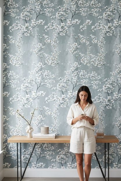 Soft Gray Cherry Blossom Floral Wallpaper