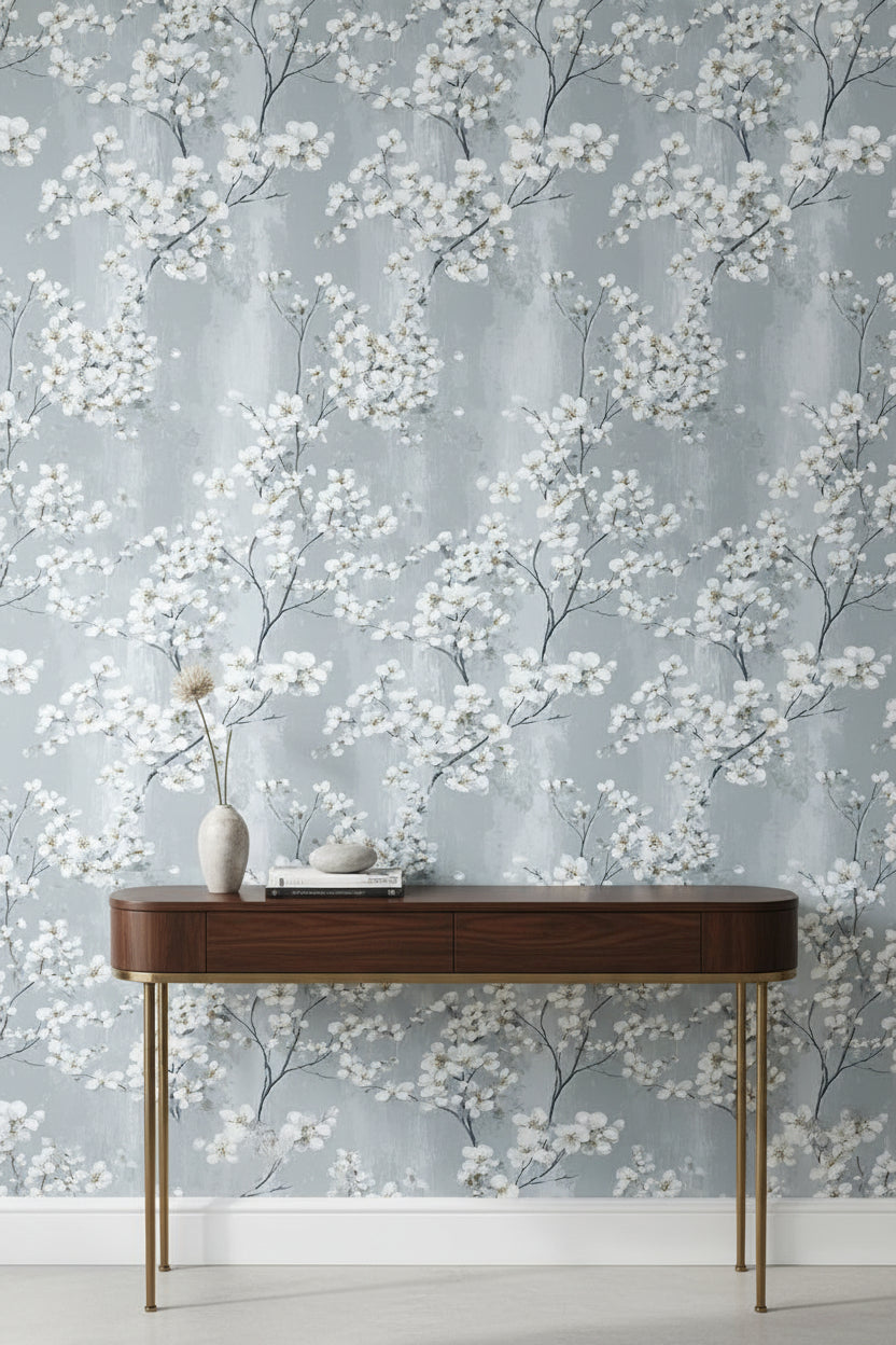 Soft Gray Cherry Blossom Floral Wallpaper