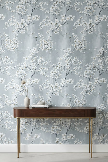 Soft Gray Cherry Blossom Floral Wallpaper