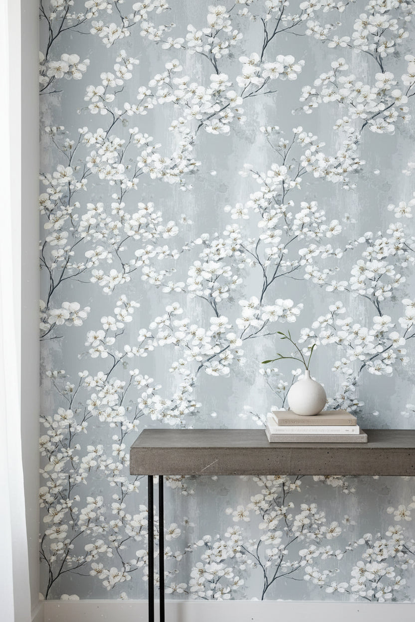 Soft Gray Cherry Blossom Floral Wallpaper