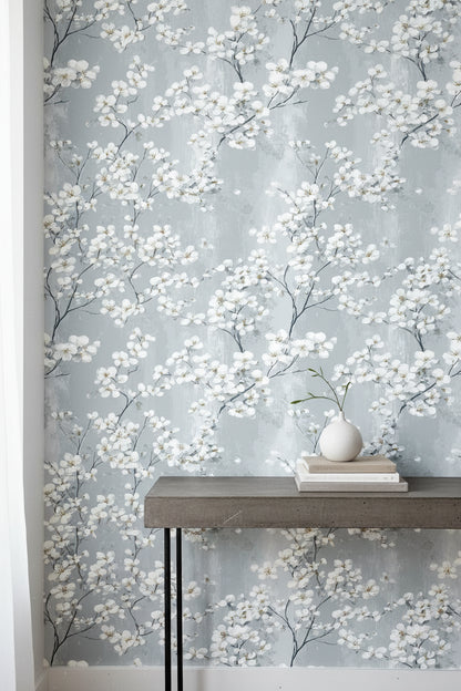 Soft Gray Cherry Blossom Floral Wallpaper