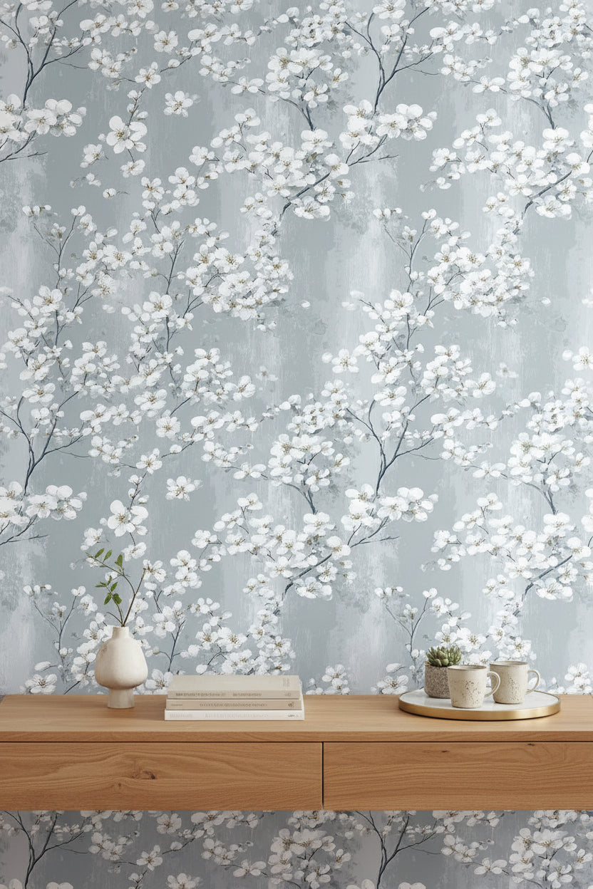 Soft Gray Cherry Blossom Floral Wallpaper