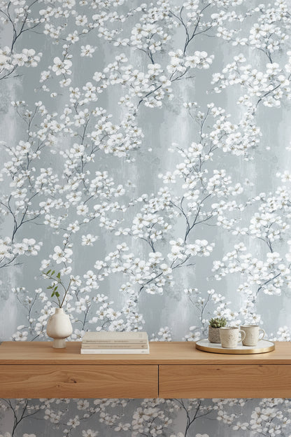 Soft Gray Cherry Blossom Floral Wallpaper